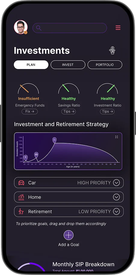 Cashvisory mobile app interface showing investment tracking