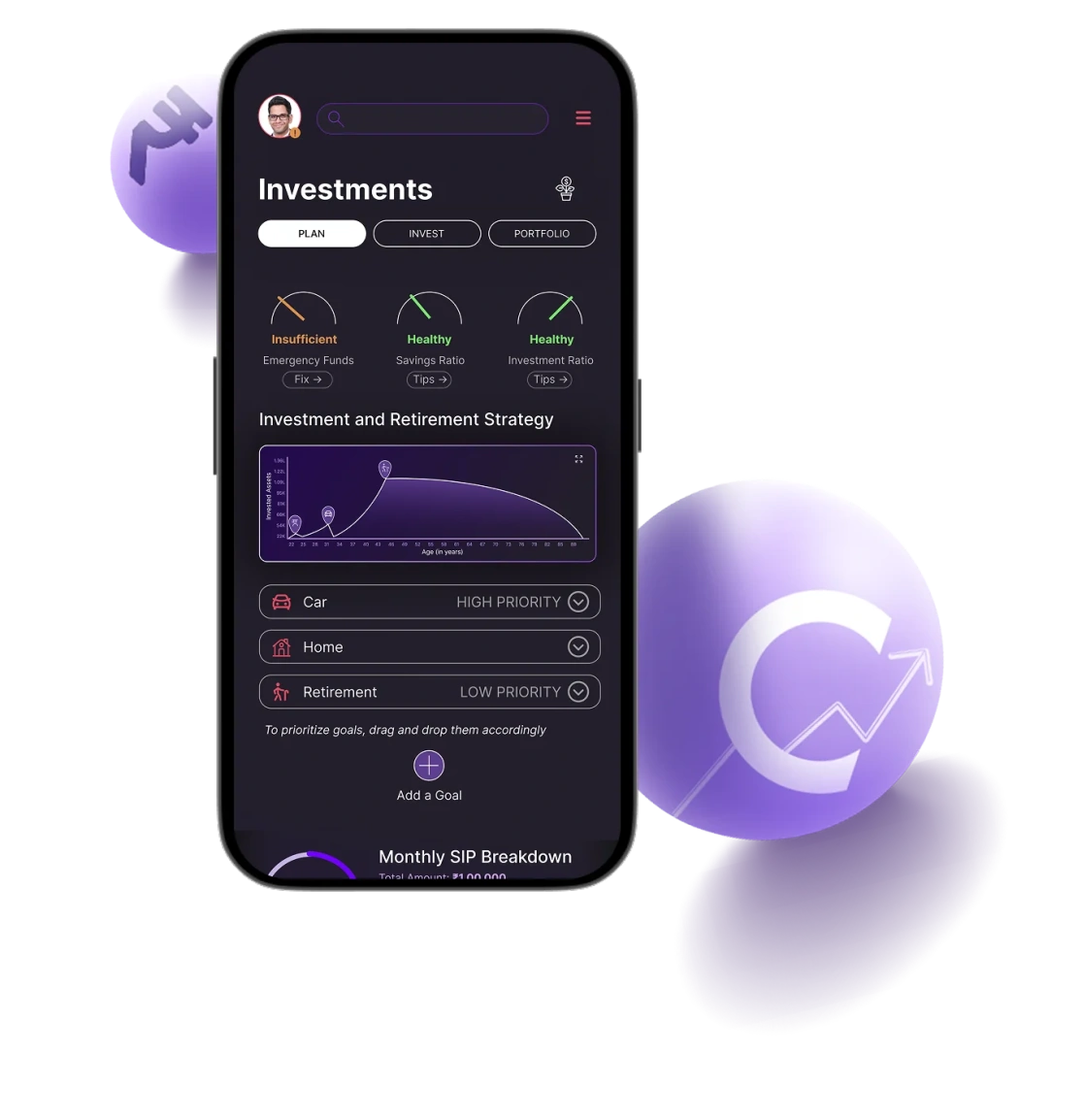Cashvisory mobile app interface showing investment tracking